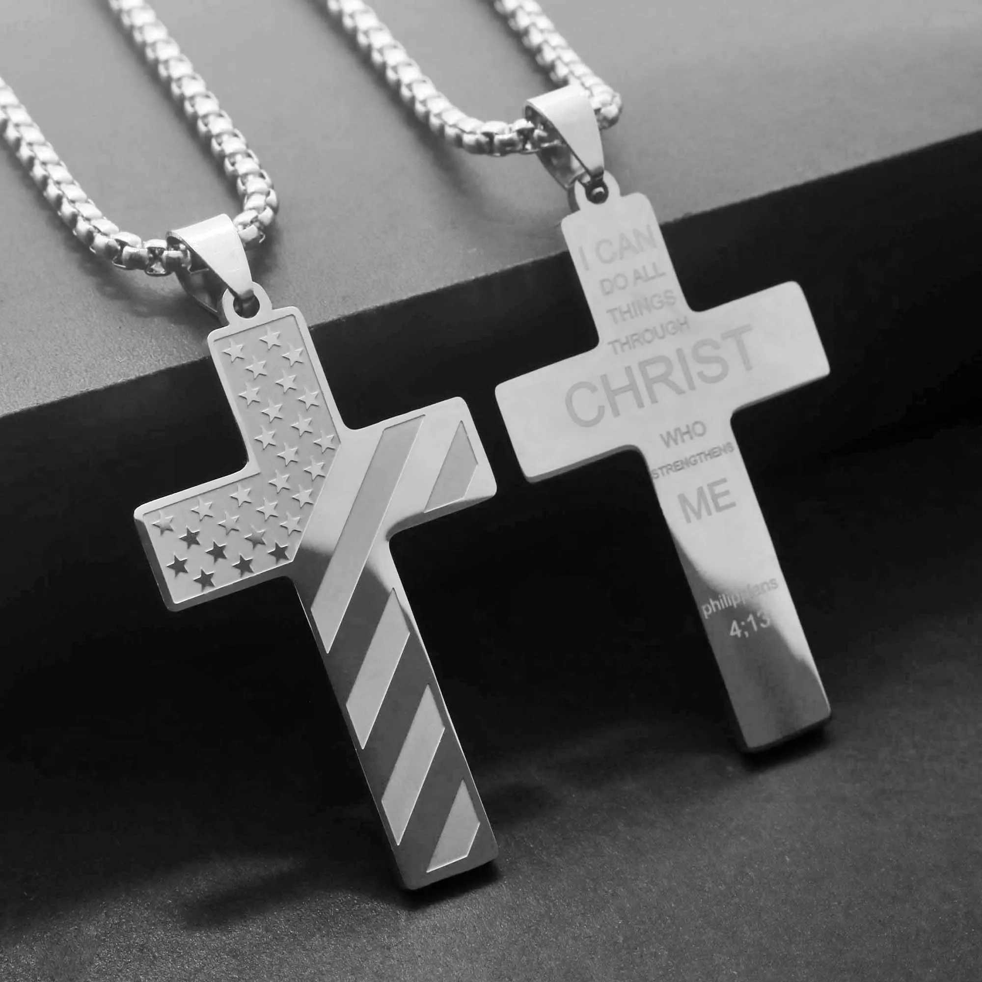 304L Stainl Steel USA Flag Cross Necklace for Men Women Bible Verse Necklace Men Spiritual JewelryXJ250219