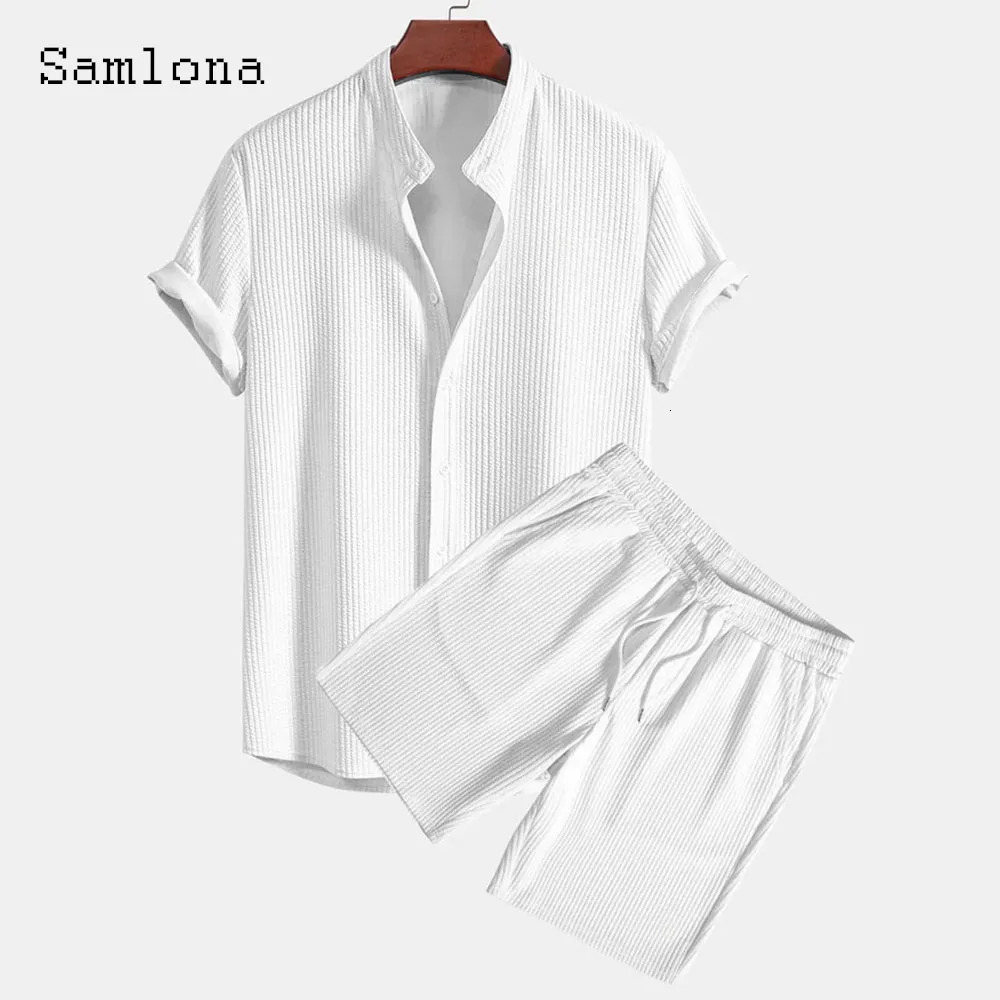 Mens Casual Knitted Two Piece Sets 2024 America and Europe Notched Blouse Light Blue Shorts Suit Male Beach Tracksuits Set 250220