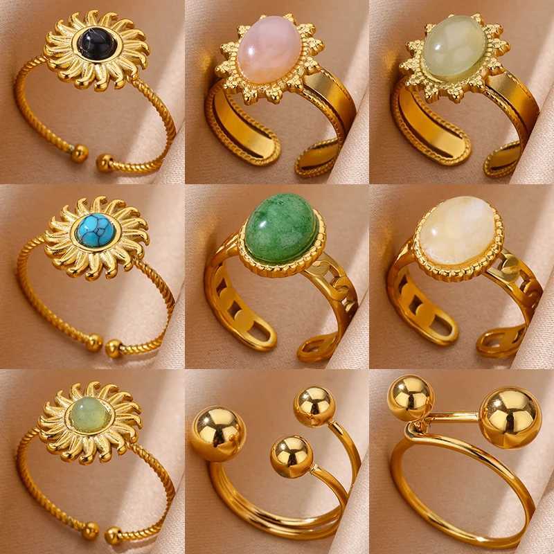 Vintage Green Oval Opal Rings for Wen Stainless Steel Gold Color Open Adjustable Wedding Ring Aesthetic Waterproof Jewelry BFF X250220
