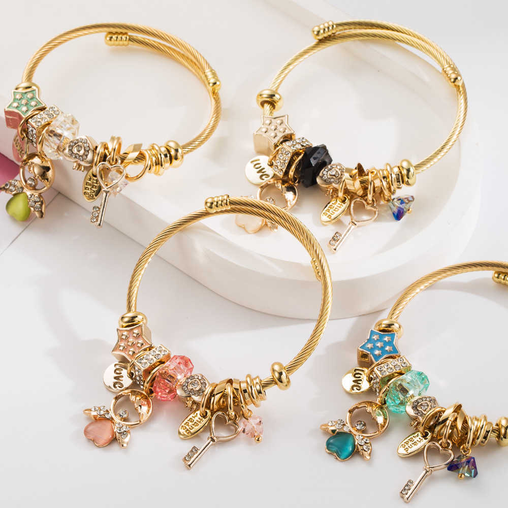 Charm Bracelets New Pan Jia Duo La Beaded Stainless Steel Bracelet for Womens Little Angel Key with Diamond Pendant Adjustable Best Friend Bracelet H2