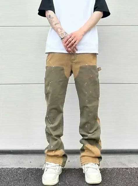 European and American high street mens washed jeans retro personalized straight-leg splicing flared pants trendy denim trousers X250220