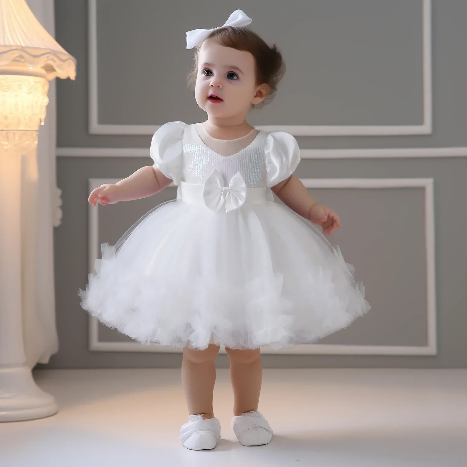 0-5T Flower Girls Dress for Wedding Party Cute Bowknot Birthday Party Toddler Girls Dress Sequin Fluffy Baby Girls Princess Gown 250220bj