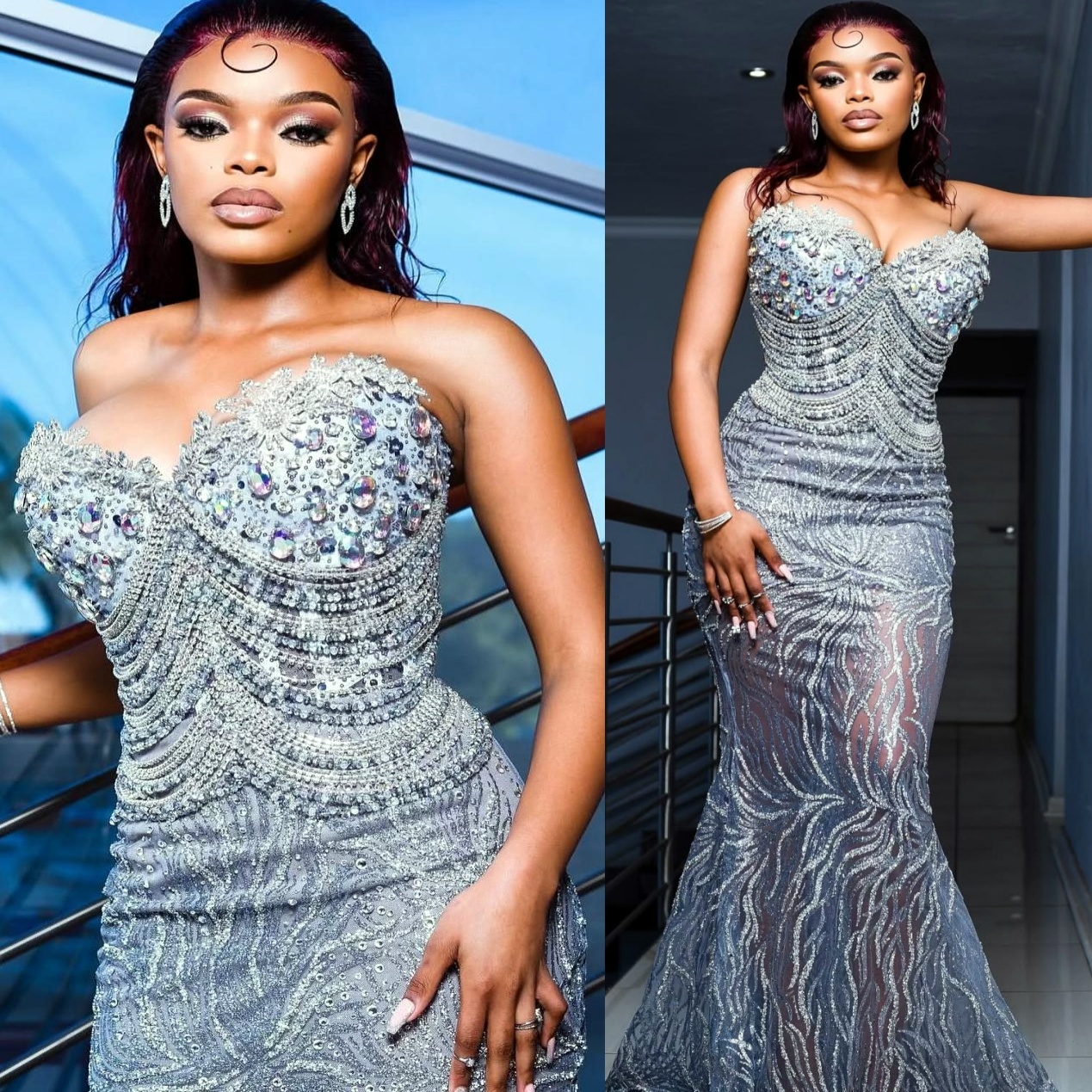 Grey Mermaid Prom Dresses 2025 Beaded Crystals Sequined Luxurious Evening Formal Party Second Birthday Engagement Gowns Plus Size Dress For Special Oc