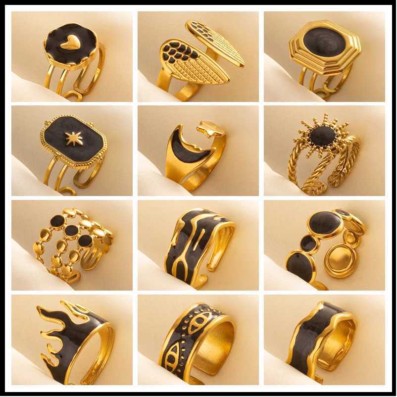 Balck Enamel Gold Plated Fire Evil Eye Stainless Steel Ring Vintage Finger Jewelry Sun Moon Star Rings For Wen Men Bague X250220