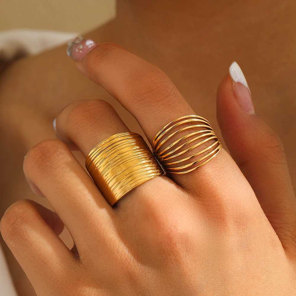 Stainless Steel Rings Minimalist Hollow Line Texture Adjustable Opening Ring For Wen Jewelry Non-fading High-quality Gifts New X250220