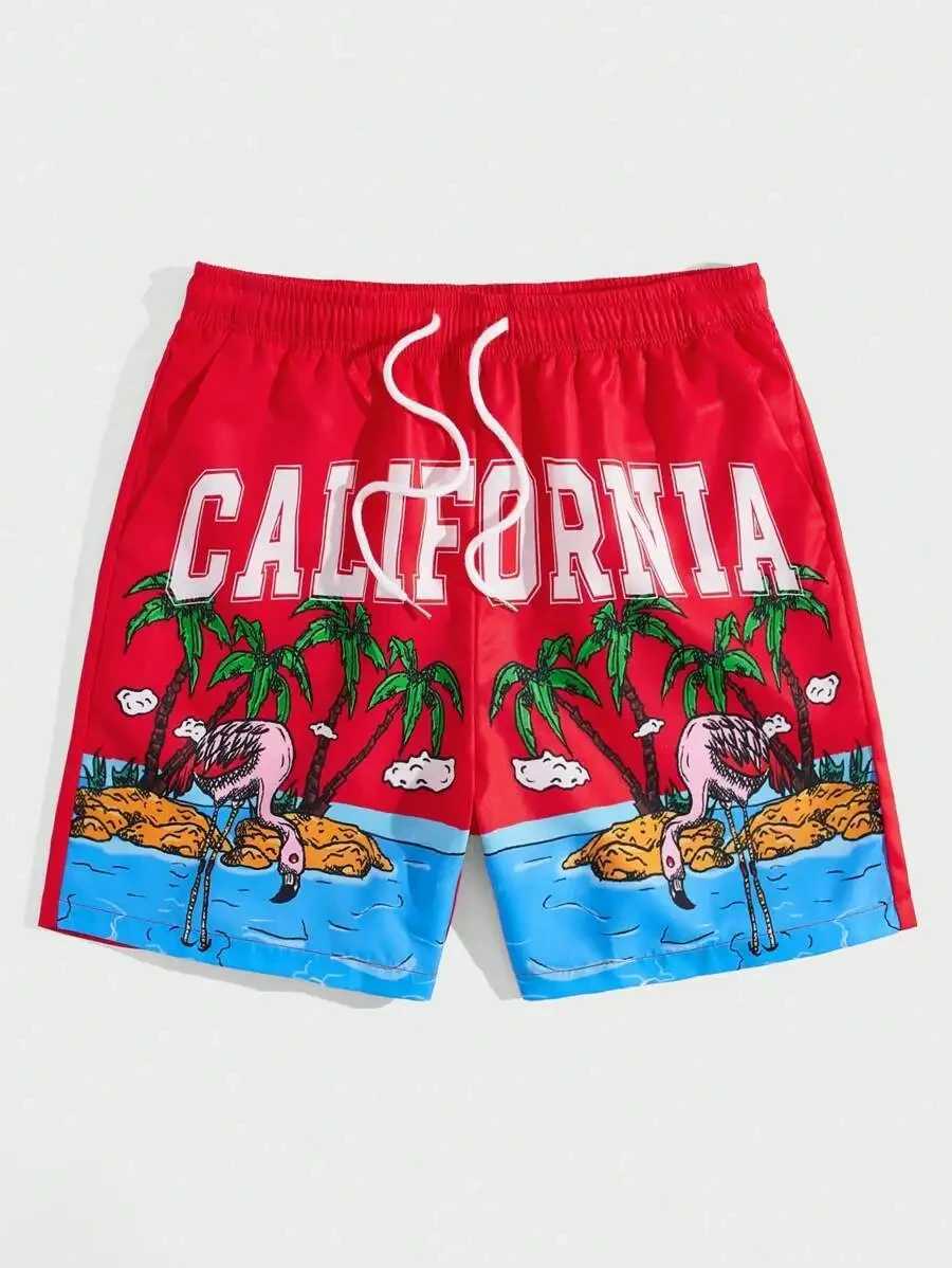 Mens quick drying summer new 3D printed coconut tree flamingo pattern mens sports shorts Hawaii beach shorts X250220
