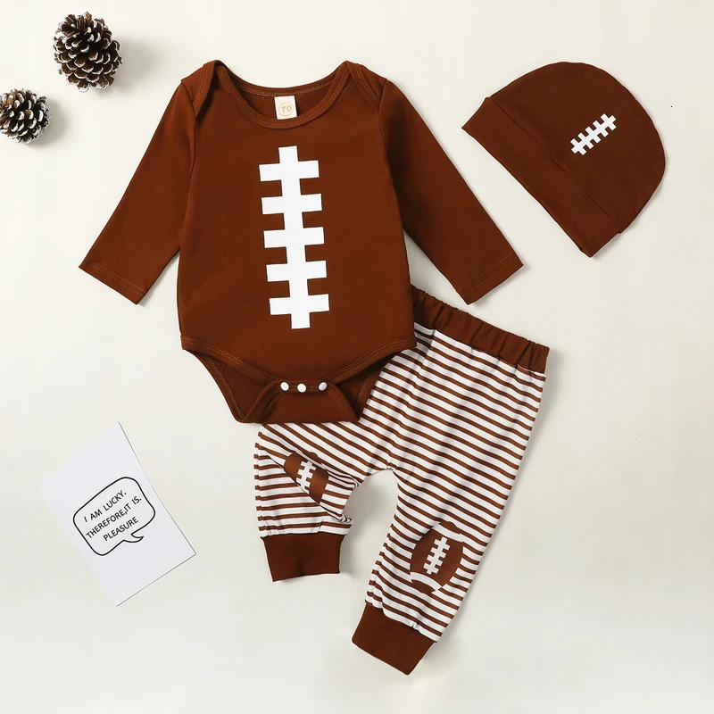-08-02 Lioraitiin 0-18M Baby Boy Girl Football Outfit Long Sleeve Sweatshirt Romper Rugby Stripe Elastic Pants 3PCS Clothes 250219