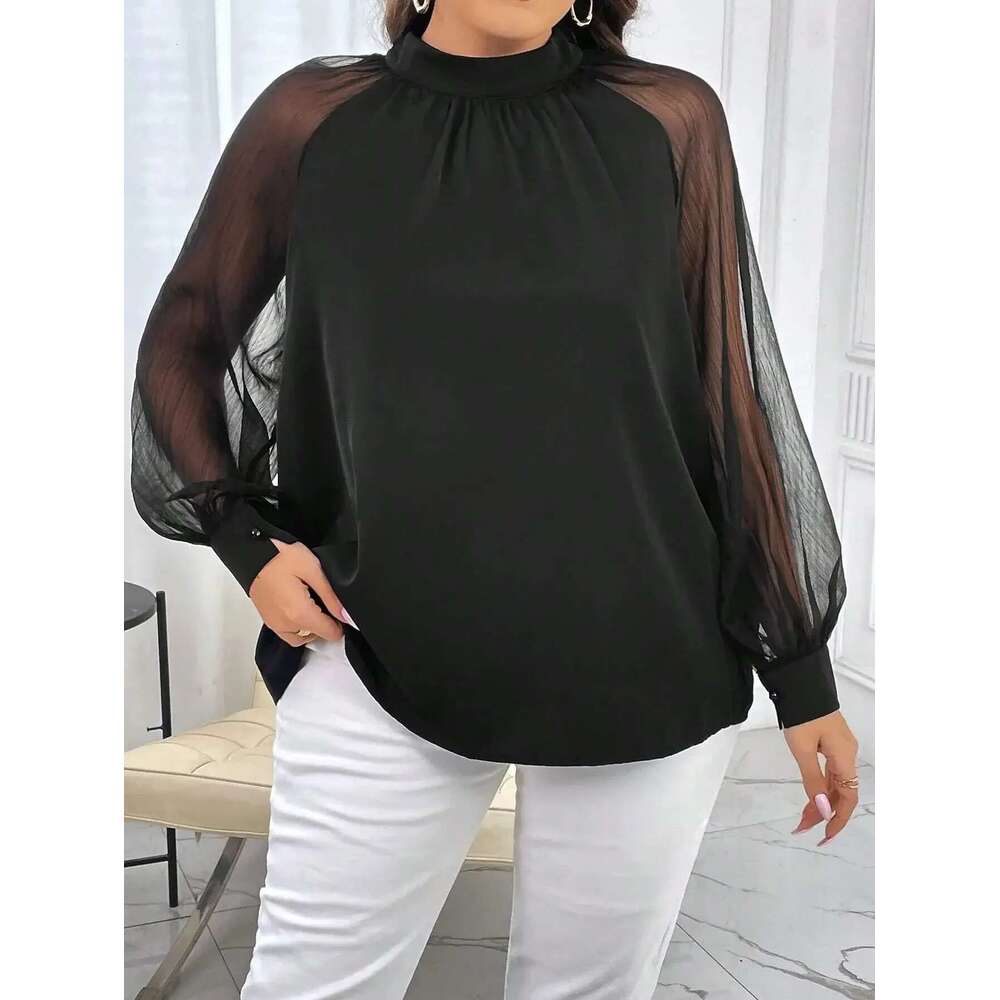 Plus Size 1Xl-5Xl Women's Elegant Solid Semi Sheer Mesh Raglan Sleeve Mock Neck Temperament Commuting Lantern Sleeved Blouse