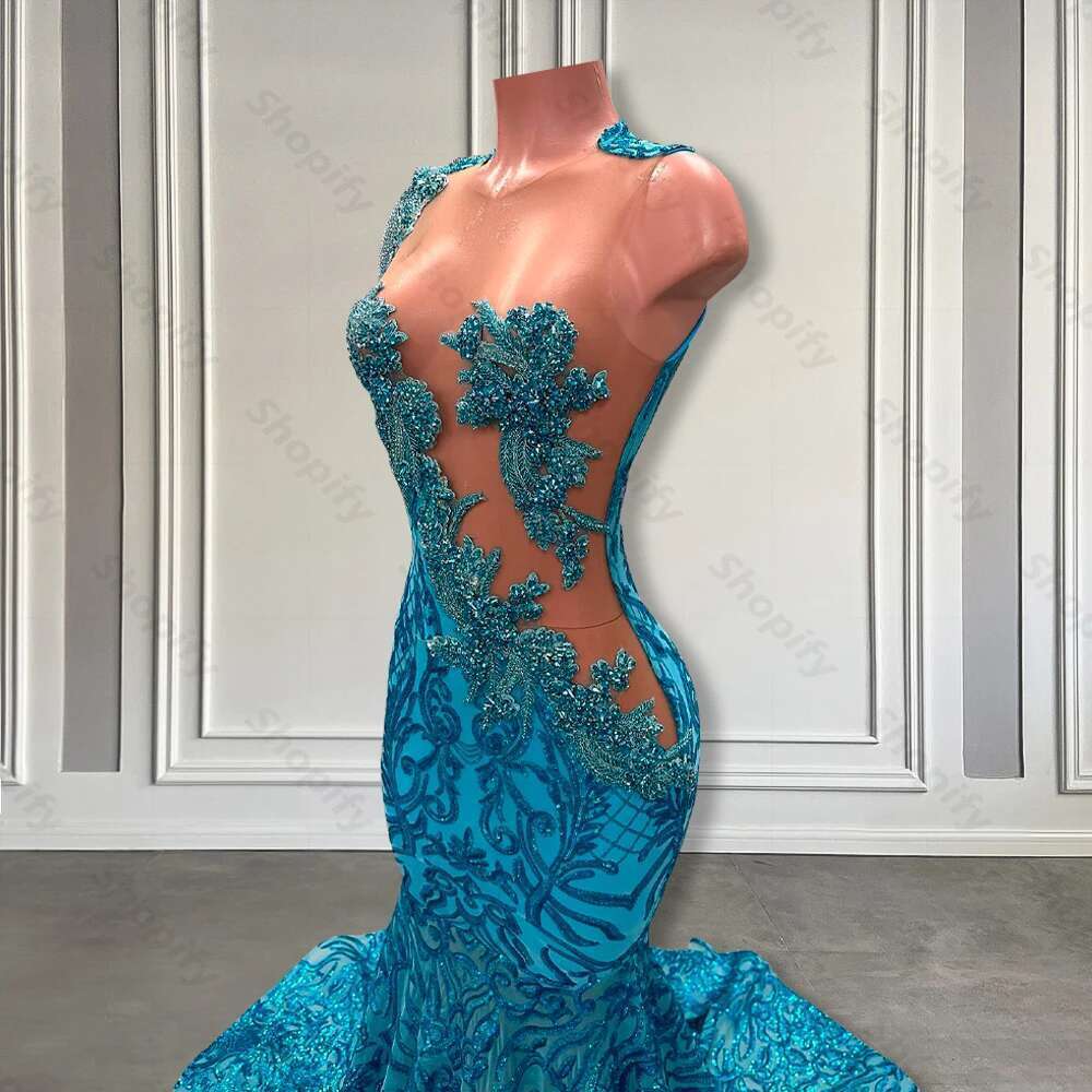 Blue Beaver Prom Dress Bright Lace Long 2025 The Beaded Black Girls Mermaid Ball Gowns Fitted With Custom Strap