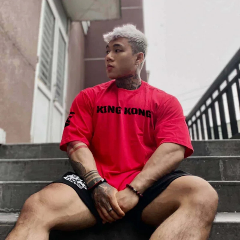 Trendy loose fitting men sports short sleeved Tshirt summer printing pure cotton half sleeve gym running training 250218
