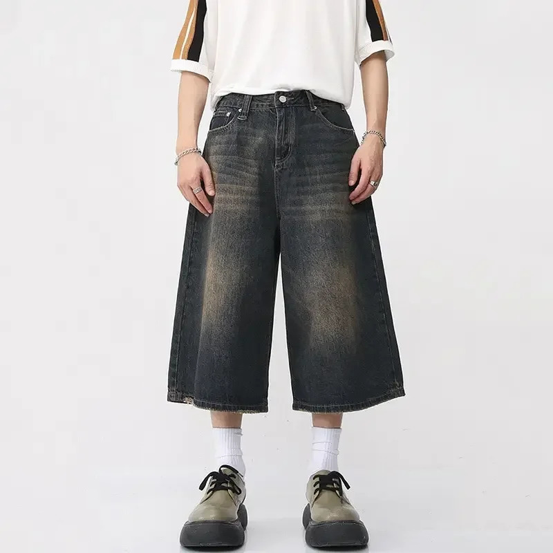 Y2K Mens Vintage Streetwear Breeches Korean Harajuku Denim Wide Leg Trouser Short Pants Jorts Bermuda Jeans Shorts Alt Clothes 250220