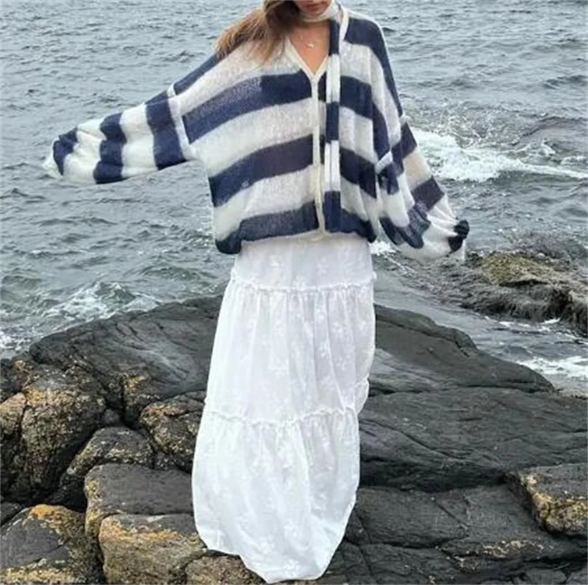 Striped V-neck Cardigan With Scarf Autumn Winter Women In Fashion Knit Sweater Loose Long Sleeve Coats Lady Chic Streetwear 250219
