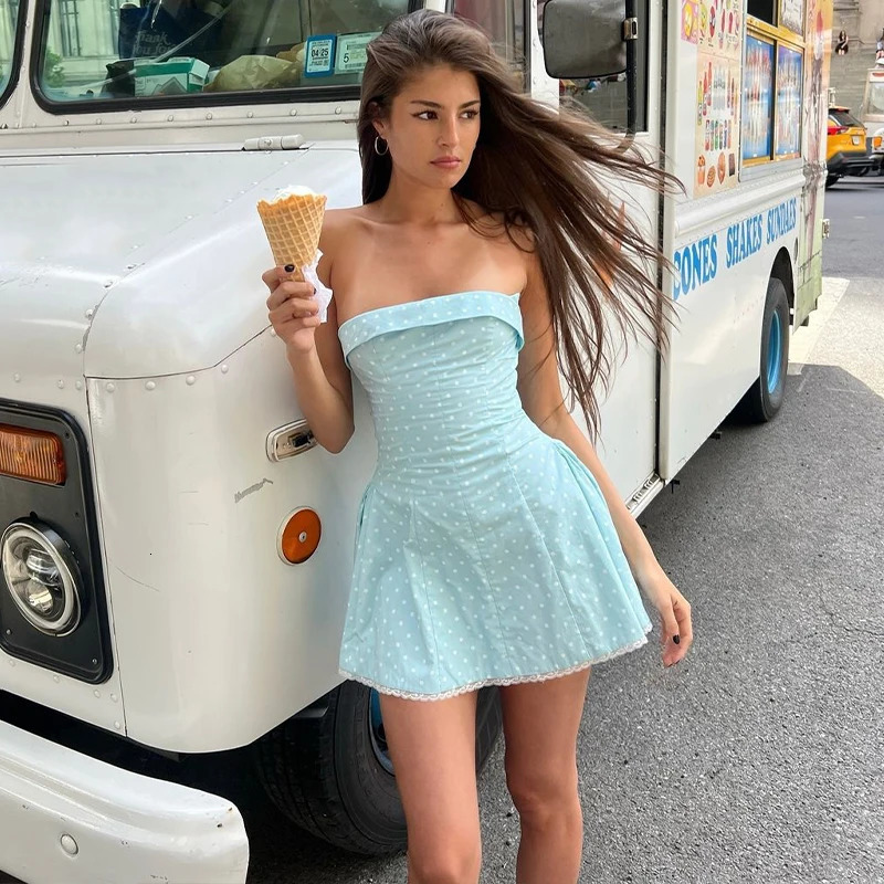 WhereMery Korean Cute Off Shoulder Printed Dress Y2K Off Back Strapless Sweet Dress Summer High street Party Sweet Dress 250219