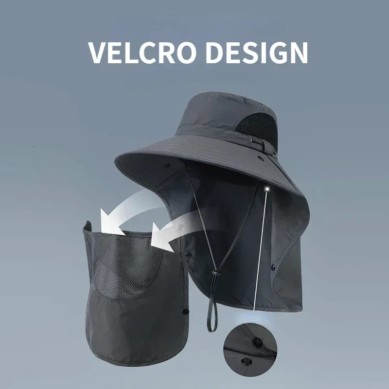 Outdoor fisherman hat wide Brim bucket with neck cap mens summer breathable mesh sunscreen UV resistant unisex style 250117