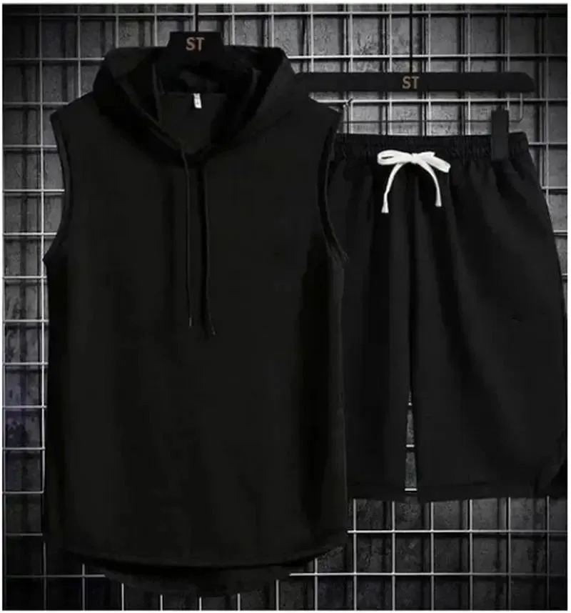 2024 Mens Oversized Tracksuit Set Sleeveless Hood T Shirts Shorts Pants Sports Vest 2 Piece Suits Summer Gym Workout Hoodie 250220