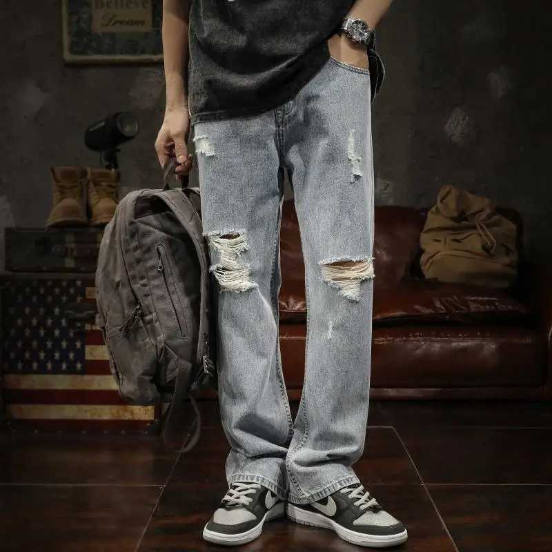 Broken Hole Jeans Mens Summer Thin Style American Washed Distressed Street Straight Leg Casual Long Pants X250220