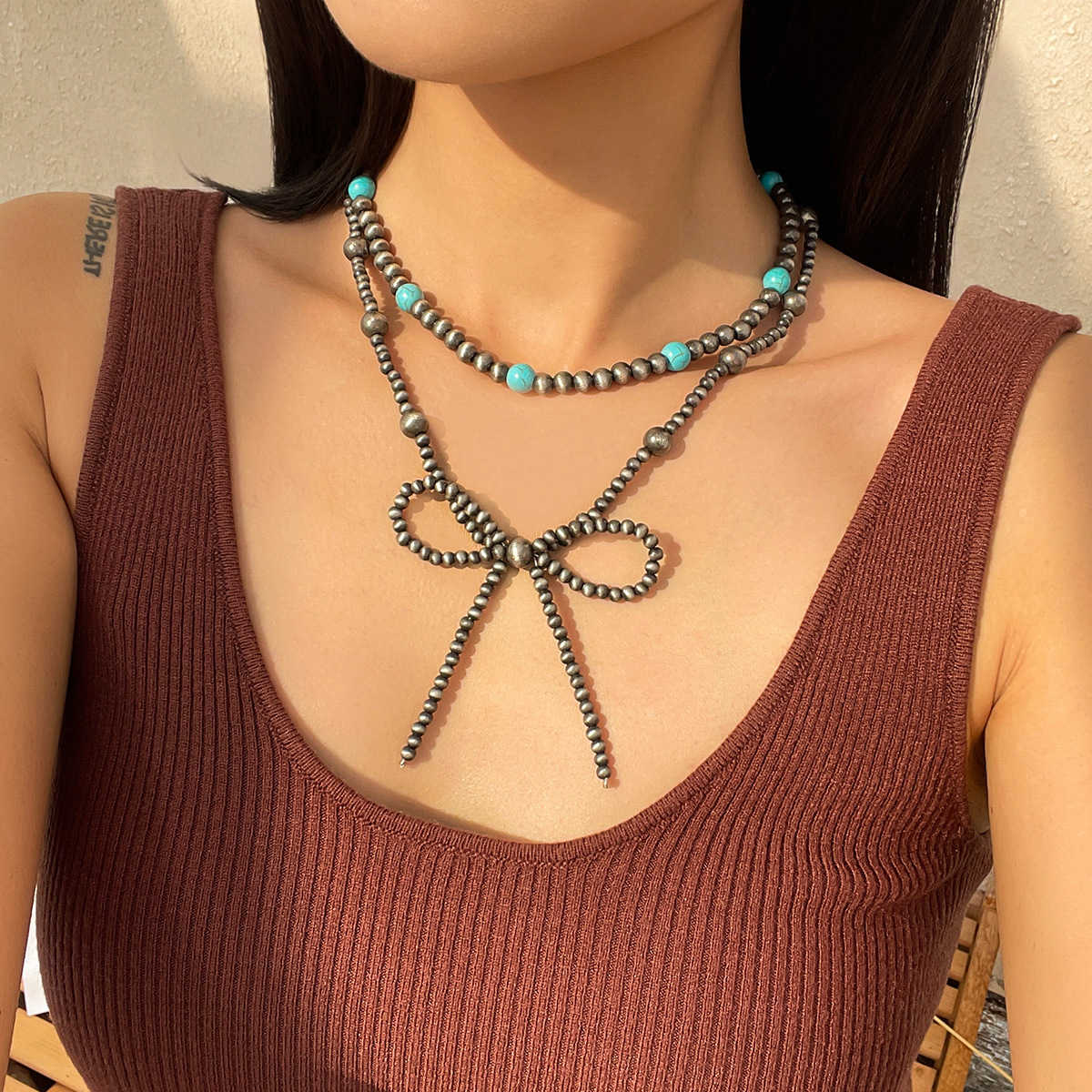 Pendant Necklaces Bohemian layered turquoise bow handmade necklace Navajo style beaded ethnic necklace H25219 2 4C9F