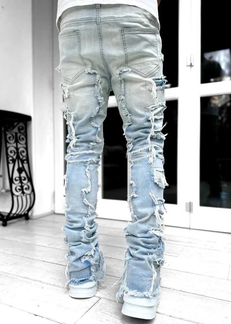 Fashion Autumn Y2K Jeans for Men Solid Color Stretch Patch Denim Trousers Streetwear High Street Straight-Leg Mens Jeans Pants X250220