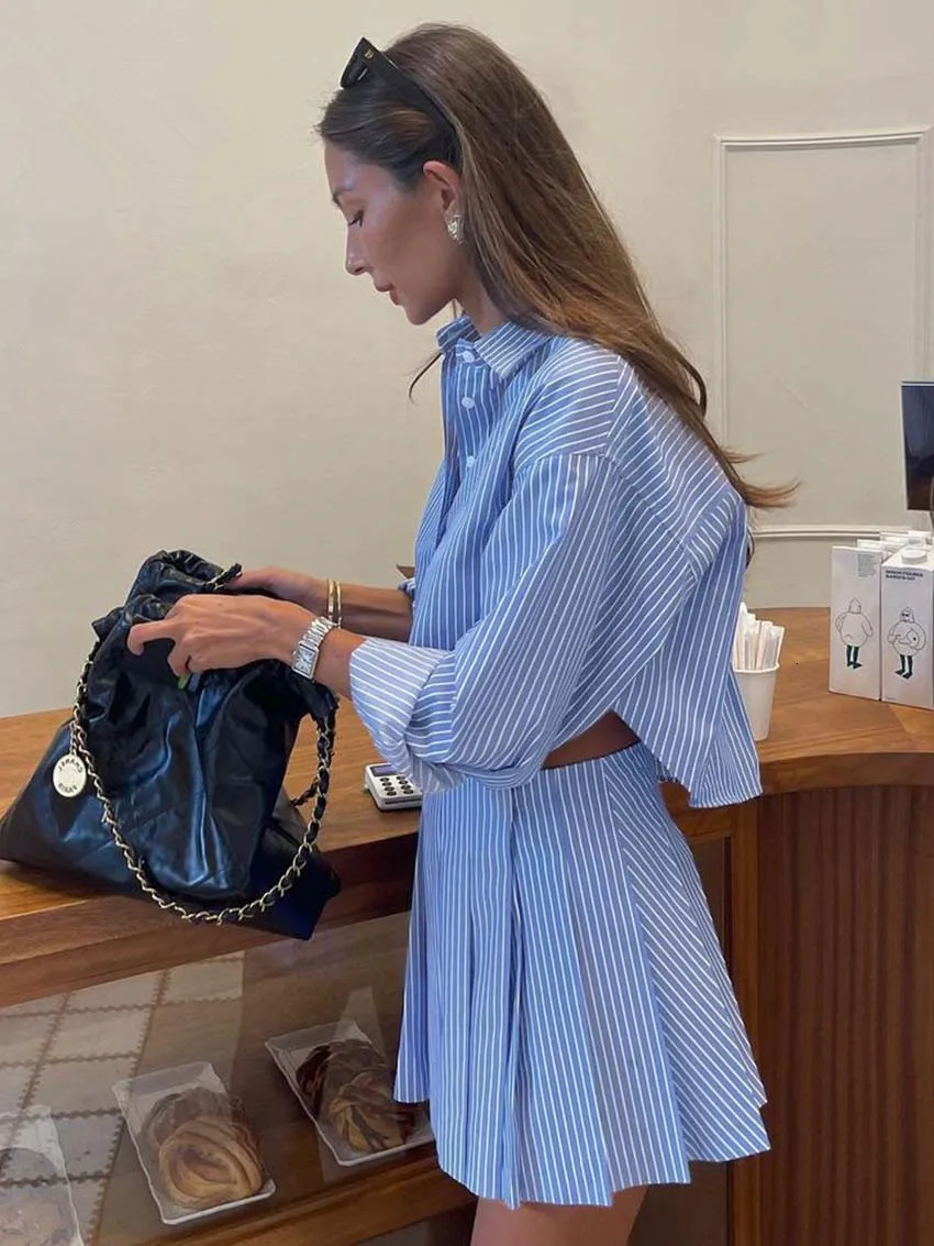 Elegant Blue Striped Print Skirt Suits For Women Fashion Long Sleeve Button Crop Tops And High Waist Pleated Skirts 2 Pieces Set 250220