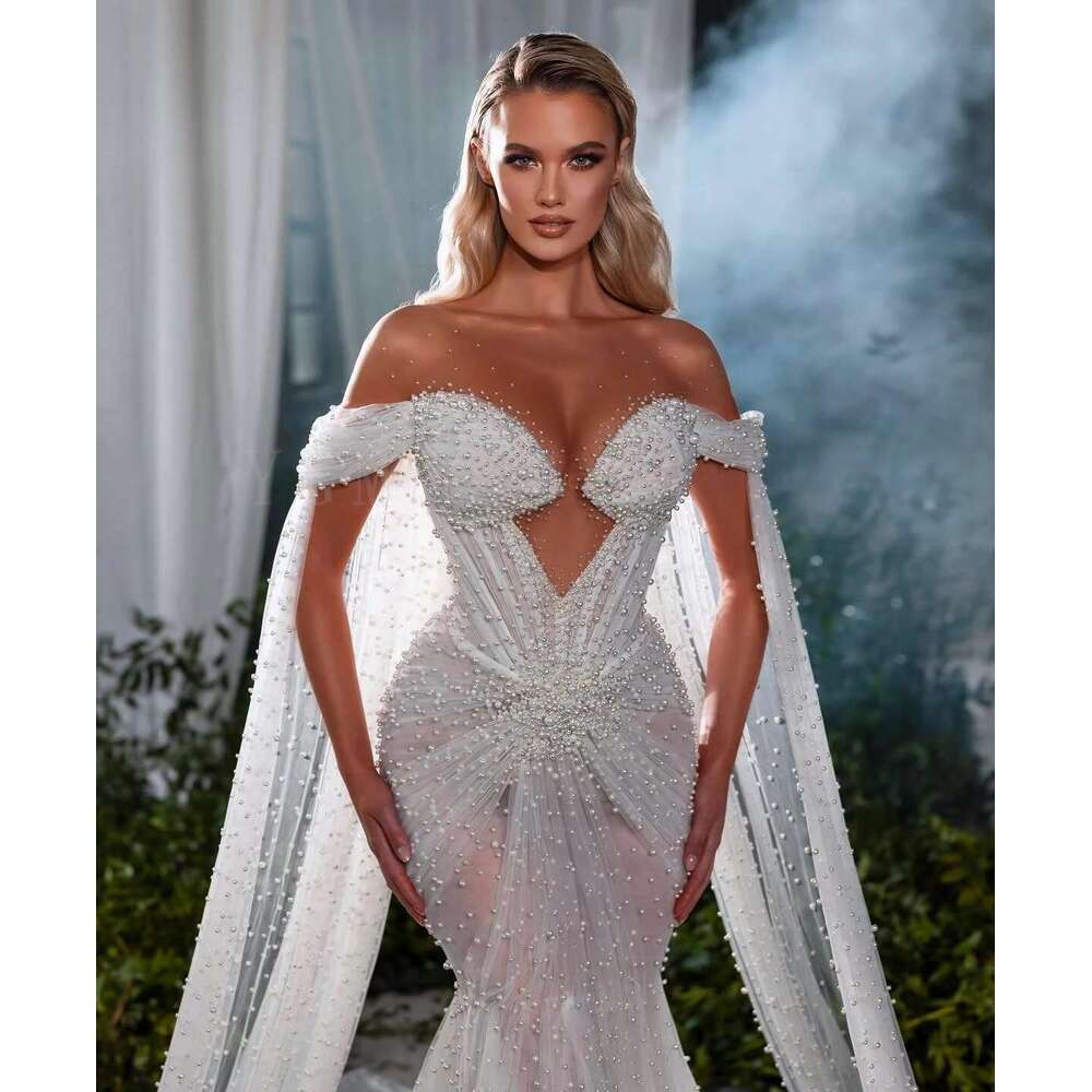 Full pearl 2025 for mermaid bride the off shoulder with cover dubai wedding dresses custom mariage robe