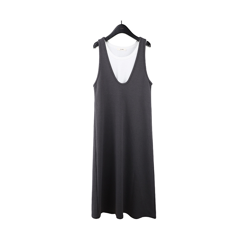 F504947 two-piece contrast vest + dress 2025 spring Korean version simple long skirt