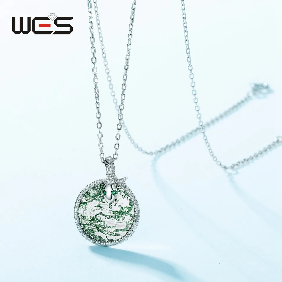 WES 925 Silver Snake Animal Teardrop Natural Green Moss Agate Pendant for Women Engagement Jewelry Year Gift Wholesale 250220
