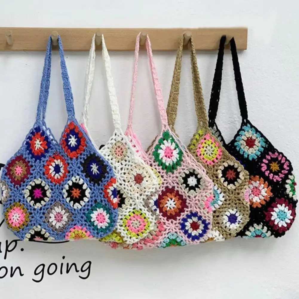 Bohemian crocheted womens shoulder bag knitted multi-color hollow handbag casual knitted handbag summer beach bag Z250219