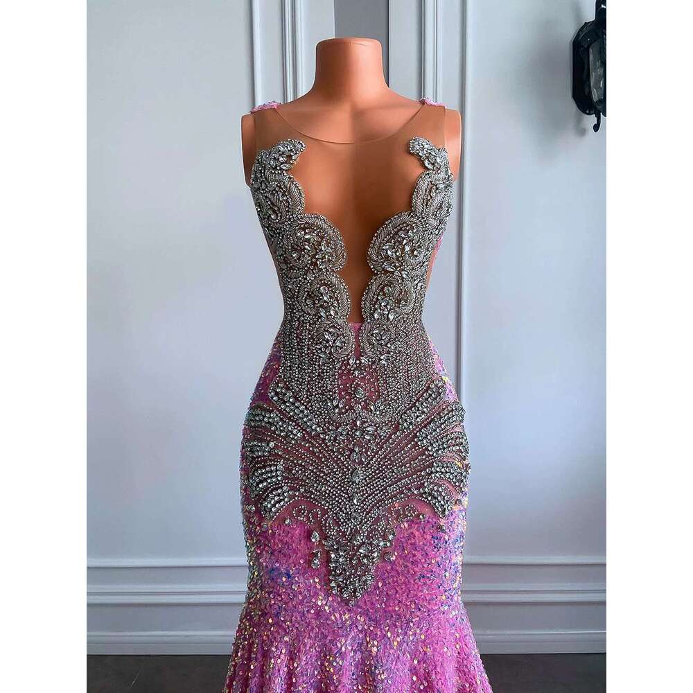 Real Image Long Gowns 2025 Sexy Mermaid Style Pure Mesh Silver Diamond Black Girls prom Pink Laces Graduation Ball Gown