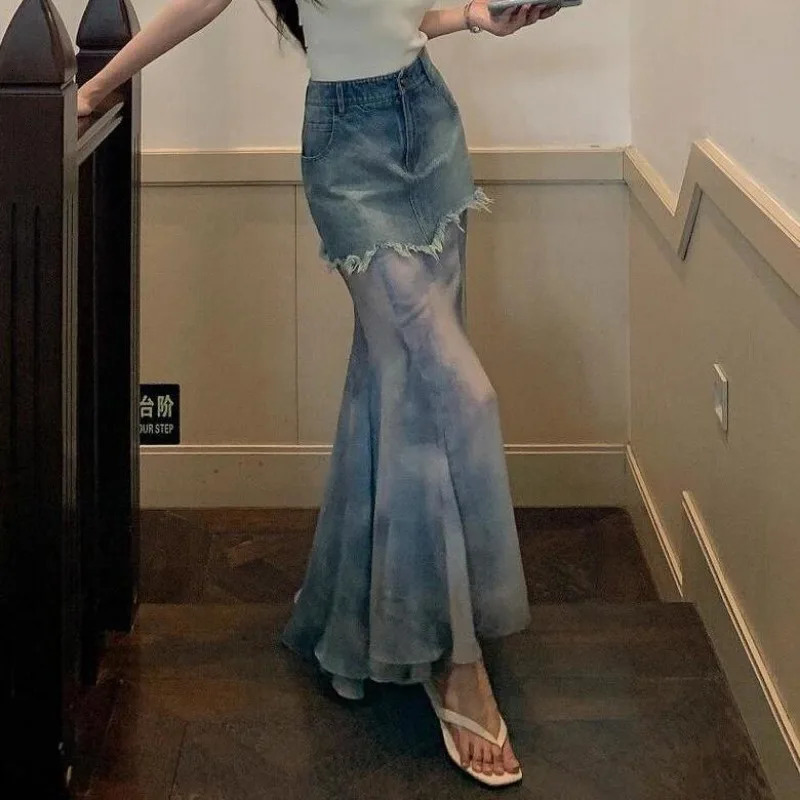 Solid Color Spring and Summer n Denim Stitching Gauze Skirt Female High Waist Slim Tiedyed Fishtail 250220
