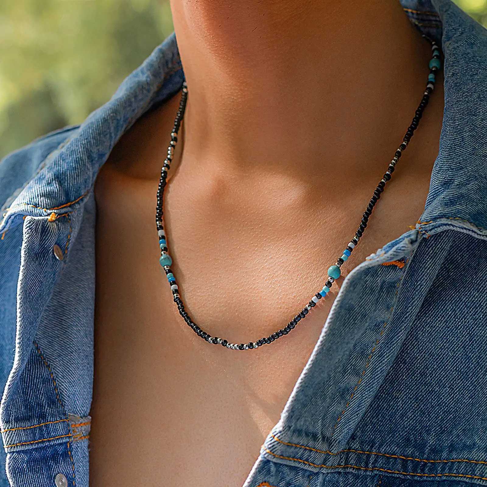 Synthetic Turquoise Necklaces for Men BoysMini Black Beaded NecklacesSummer Beach Male JewelryXJ250219