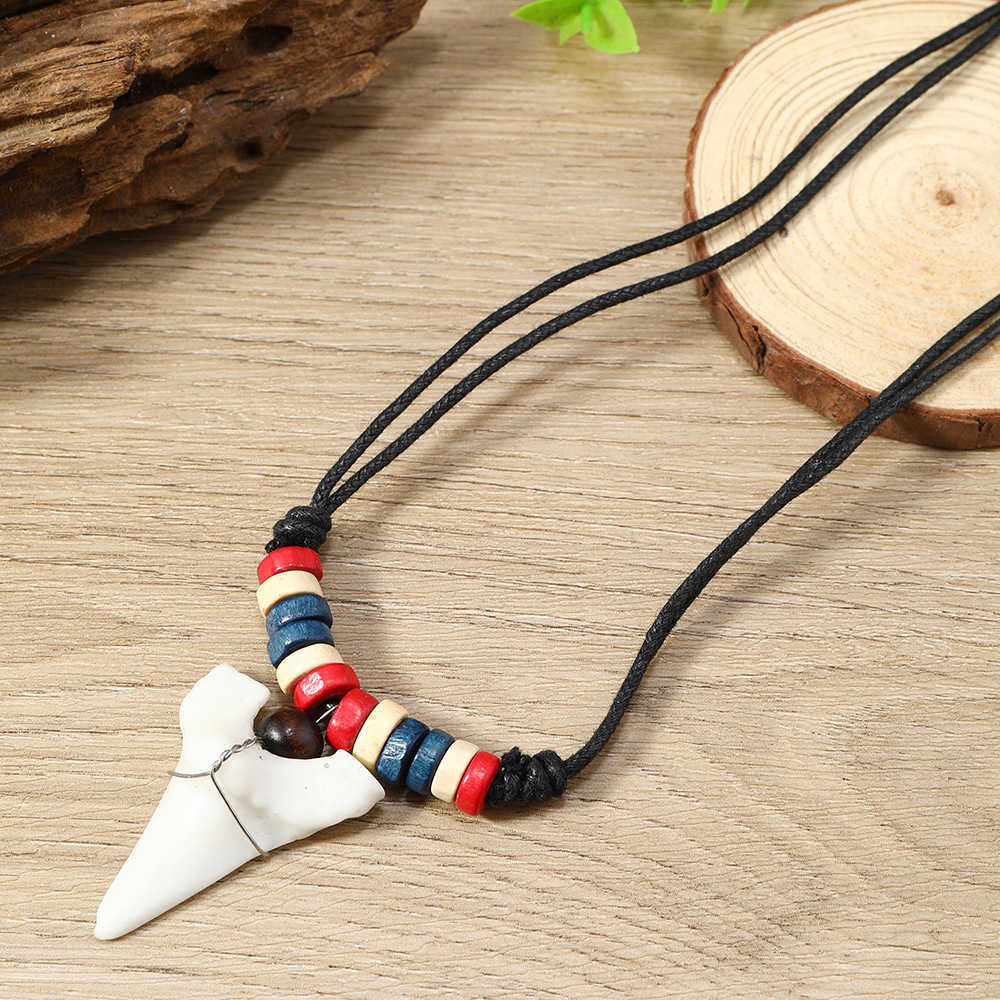 Pendant Necklaces Bohemian summer holiday surfing accessories fashionable and personalized wooden beads shark teeth necklace accessories H25219