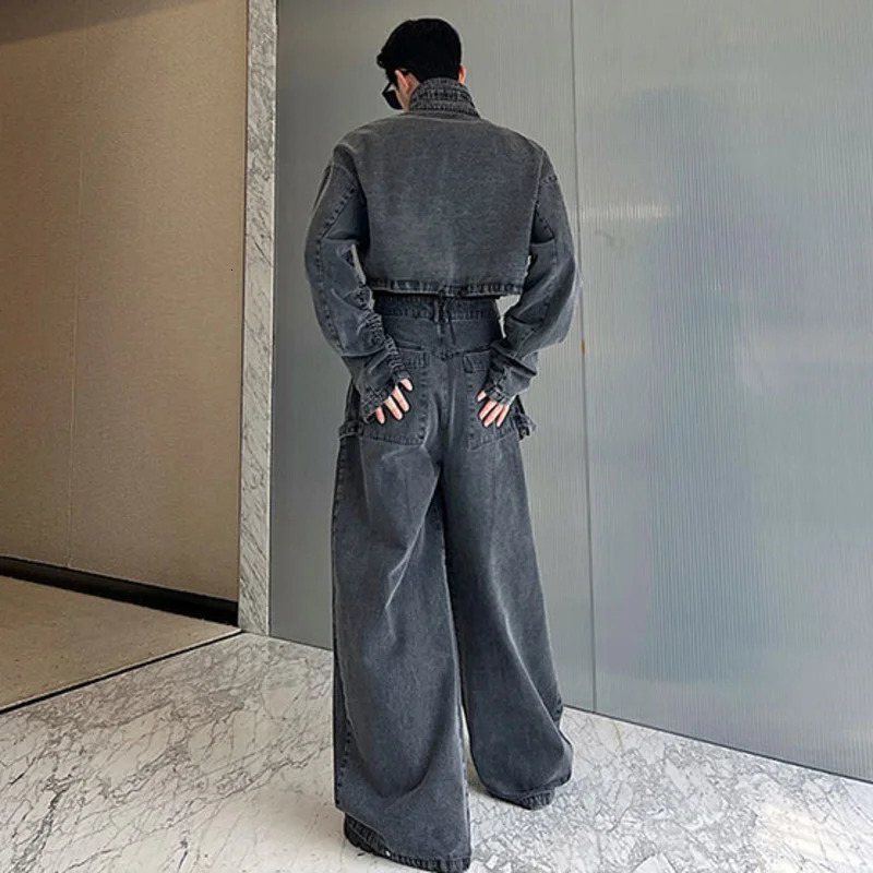 IEFB Two-piece Trendy Zipper Short Jacket Wide Leg Trousers Big Pocket Autumn Mens Wear Personality Denim Pants Set 9C1543 250220