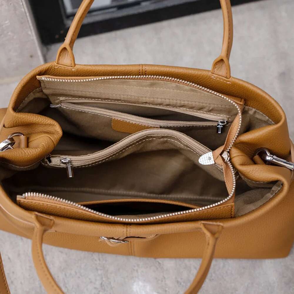 New High-End French Stylish Wine Red Tote Genuine Cow Leather Women's Handbag 2025 Large Business Commuter Shoulder Bag