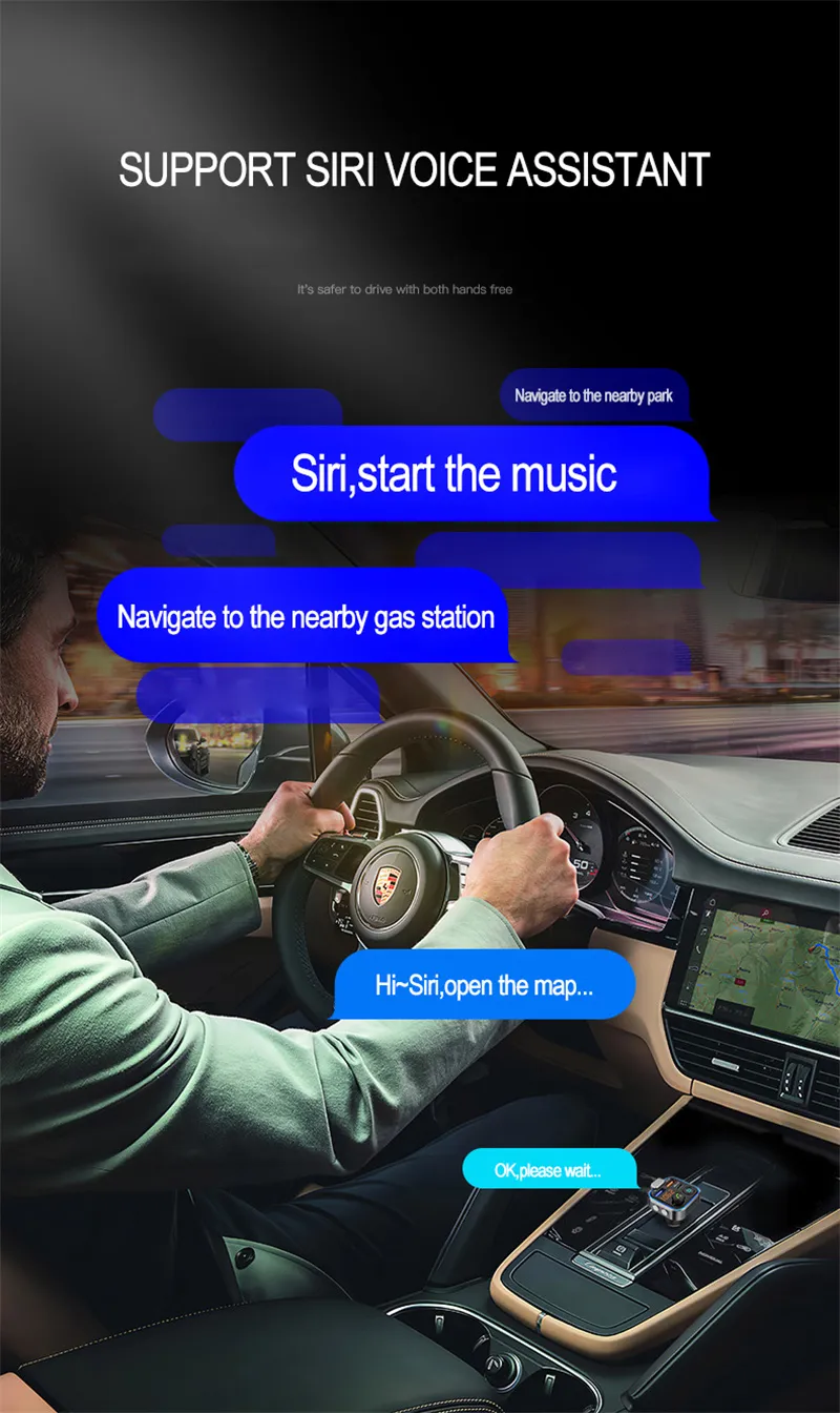 P5 Car Bluetooth 5.0 FM Transmitter One Key Bass Mp3 Player Large Microphone USB Music Play USB QC3.0 PD20W Quick Charger