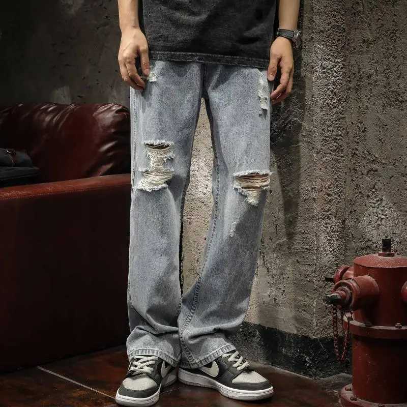 Broken Hole Jeans Mens Summer Thin Style American Washed Distressed Street Straight Leg Casual Long Pants X250220
