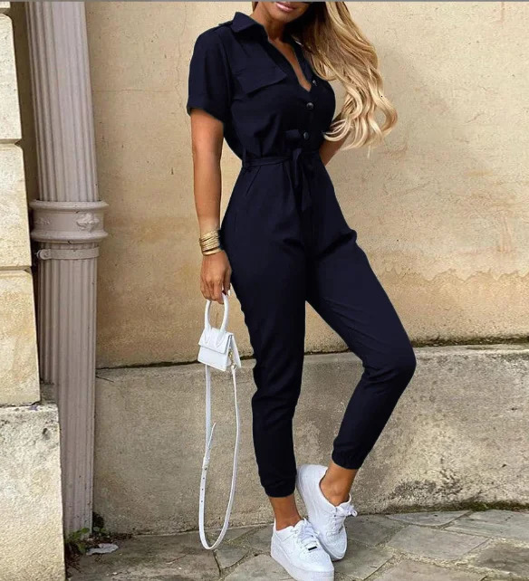 Casual short sleeved jumpsuit for office ladies in spring and summer fashionable and elegant solid lace womens jumpsuit one-piece jumpsuit 250220