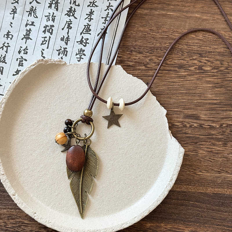 Pendant Necklaces Forest style ethnic wooden pendant necklace for women bohemian style multi-layered layered vacation style long necklace H25219