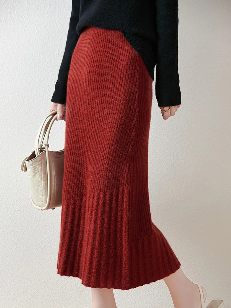 Women 100 Merino Wool Skirt Fishtail Long Autumn Winter Office Lady Soft Cashmere Slim Mermaid Dress 250220