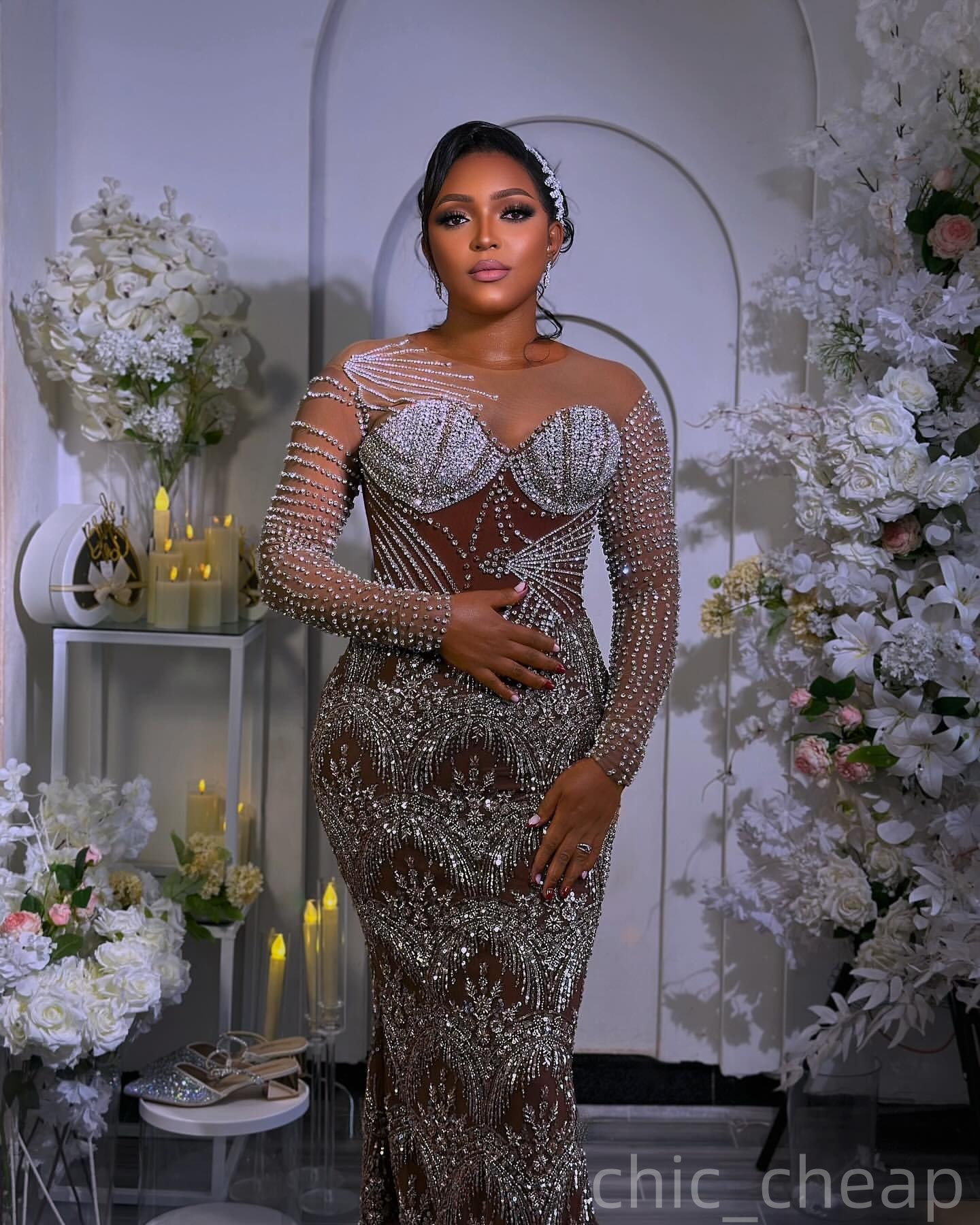 Brown Illusion Mermaid Prom Dresses 2025 Crystals Sheer Neck Sequined Evening Formal Party Second Birthday Engagement Gowns Plus Size Dress For Specia