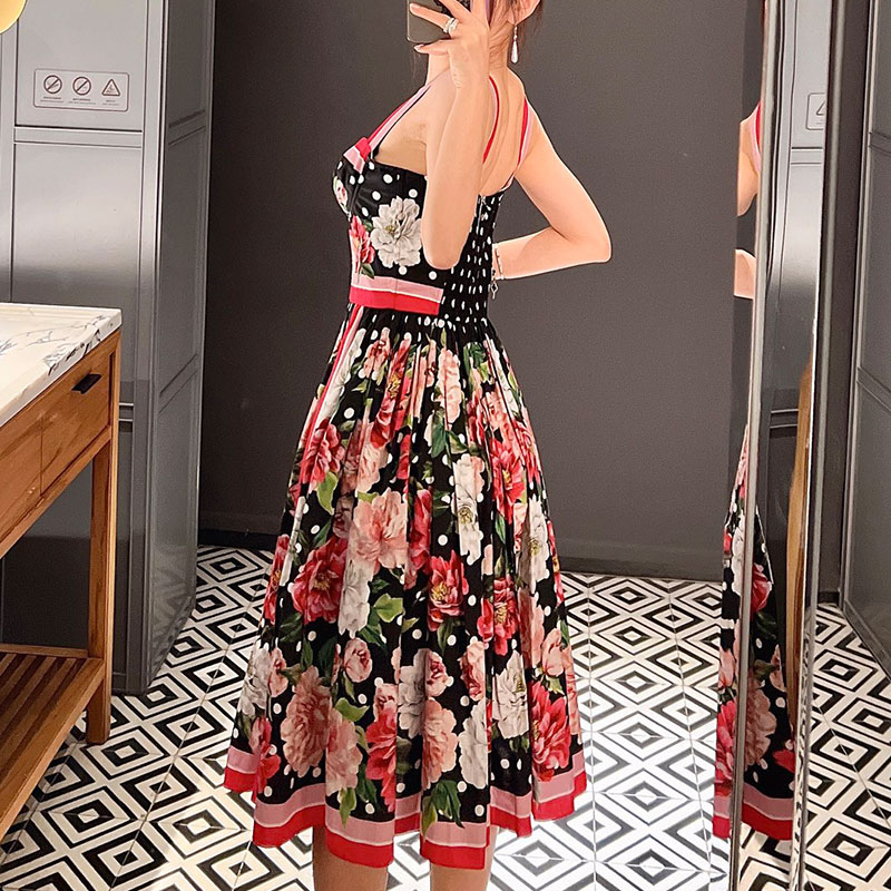 Women's Floral Print Cotton Camisole Dress Vacation Style Knee-Length Strapless Pleated Clothes Waist-Defining Elegant Classic Spring Luxury Desi