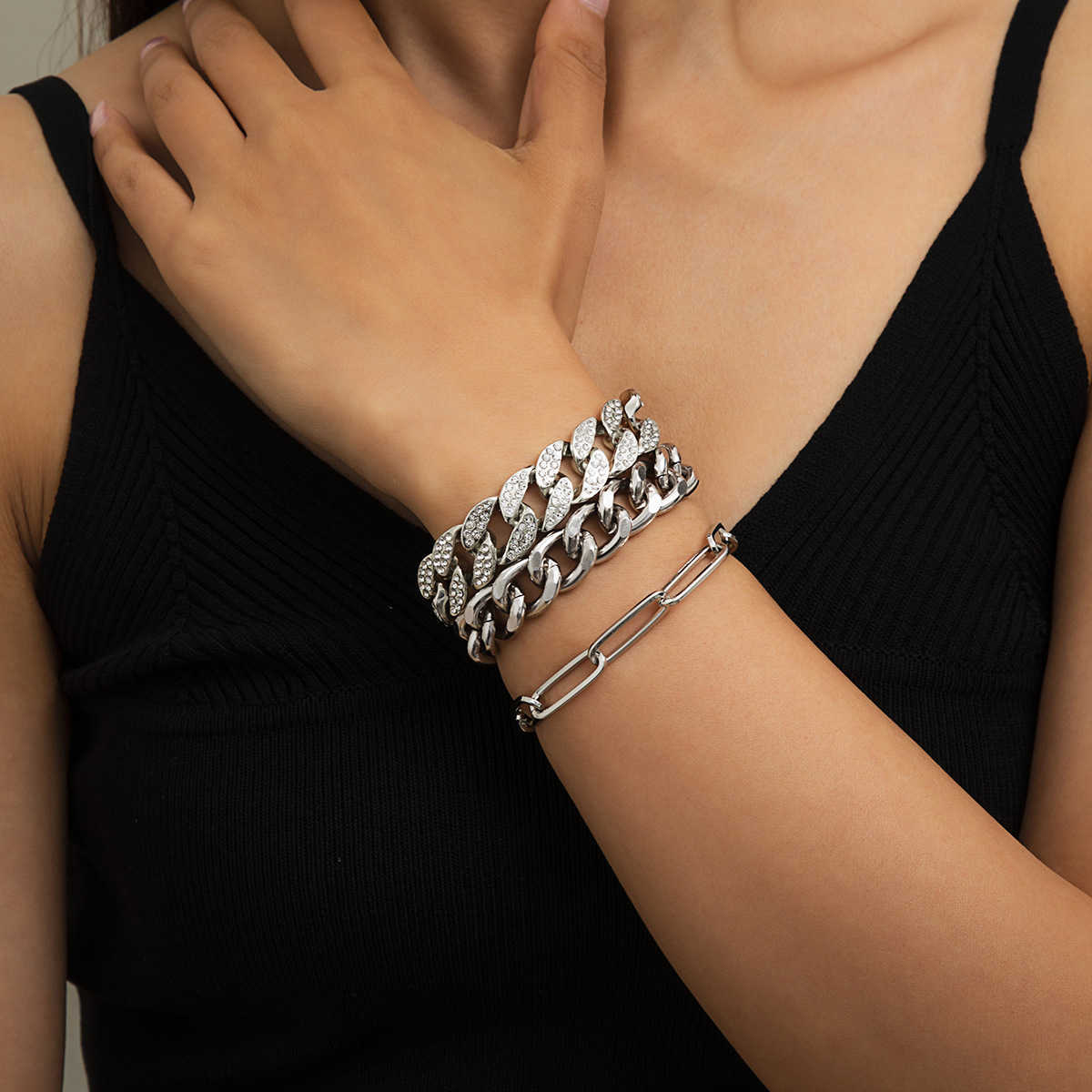 Charm Bracelets Jewelry Bracelet womens simple hollow out set punk hip hop metal Rhinestone Bracelet H25220