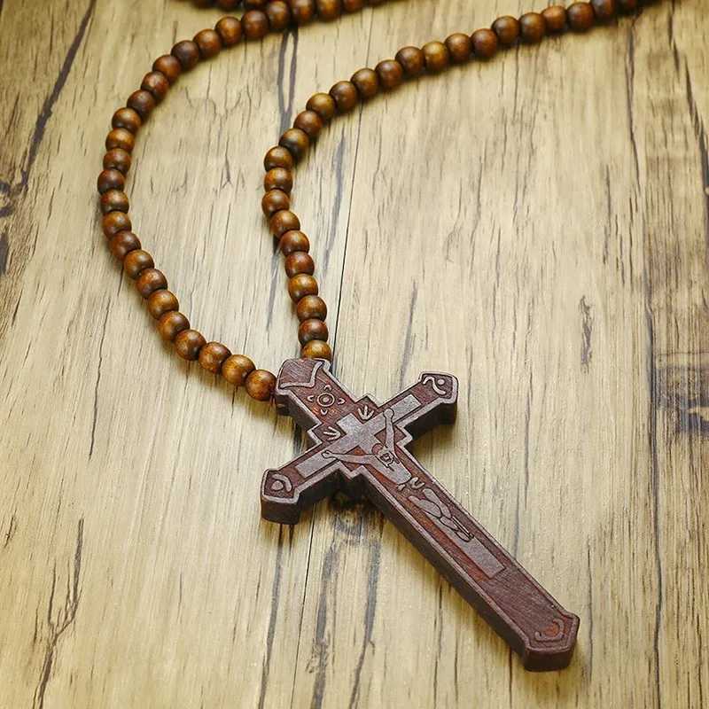 Vnox 36 Long Rosary Necklace Large Wood Jesus Christ Cross Pendant With Wooden Beads Sweater Chain Male Collier Statement JewelXJ250219