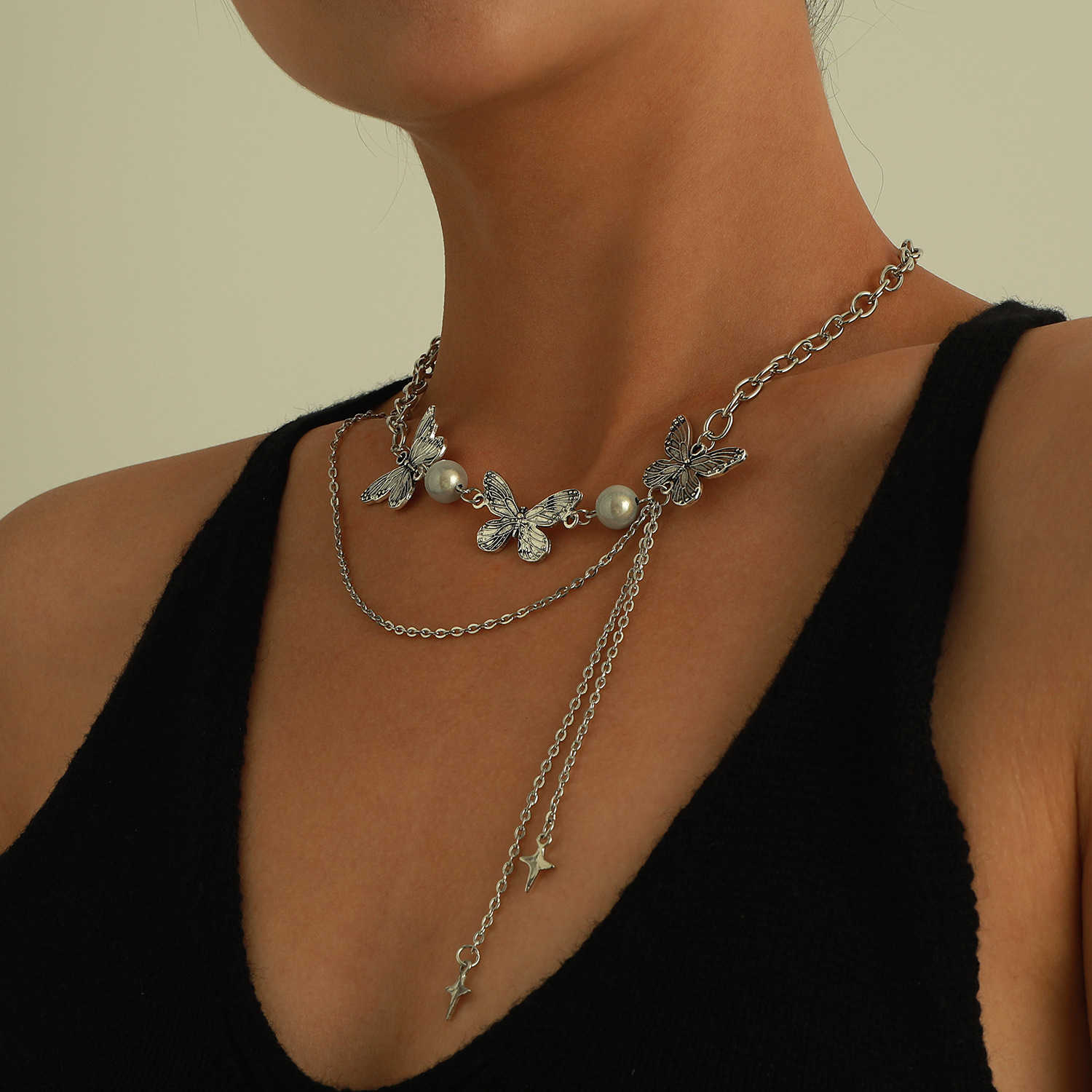 Pendant Necklaces Jewelry fashion luminous pearl Three Butterfly Necklace womens double tassel Cross Star awn Necklace H25219