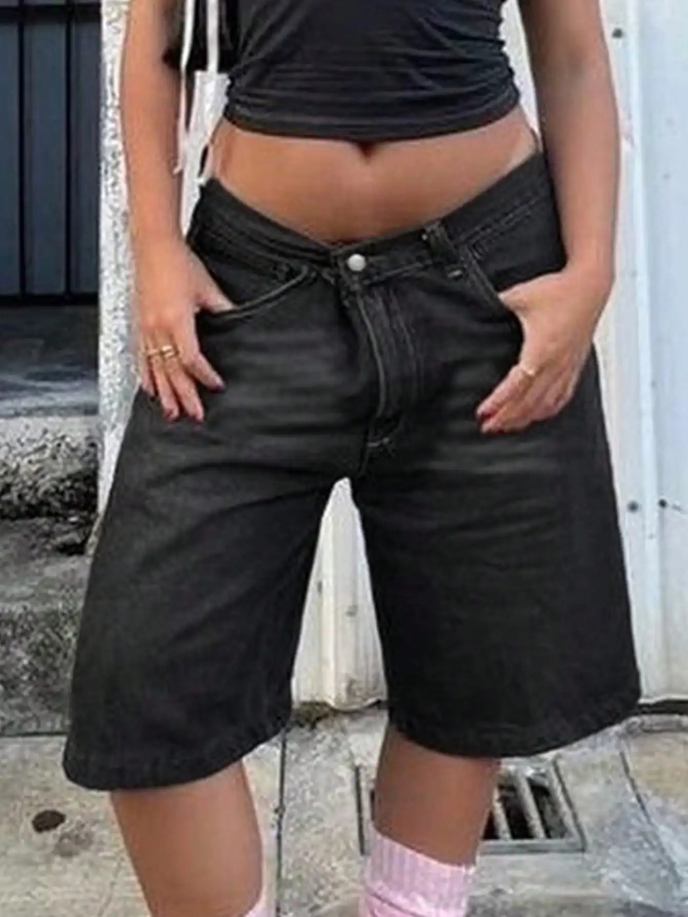 Y2K Street Vintage Washed Slant Pocket Cat Whiskered Trendy Style Wide Leg Bermuda Jeans Knee Length Denim Jorts Casual Shorts C 250219