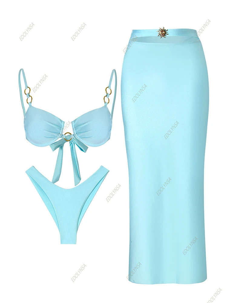 3 Pieces Sun Bikini Set for Women Sexy Swimsuit with Long Skirt Cover up Push up Bathing Suit Female Biquini Beachwear K86 250220