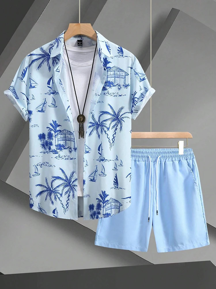 Hawaiian Coconut Tree Print Mens Shirt Summer Short Sleeve Tops Beach Shorts 2 Piece Sets Casual Vacation Style Outfit Clothing 250220