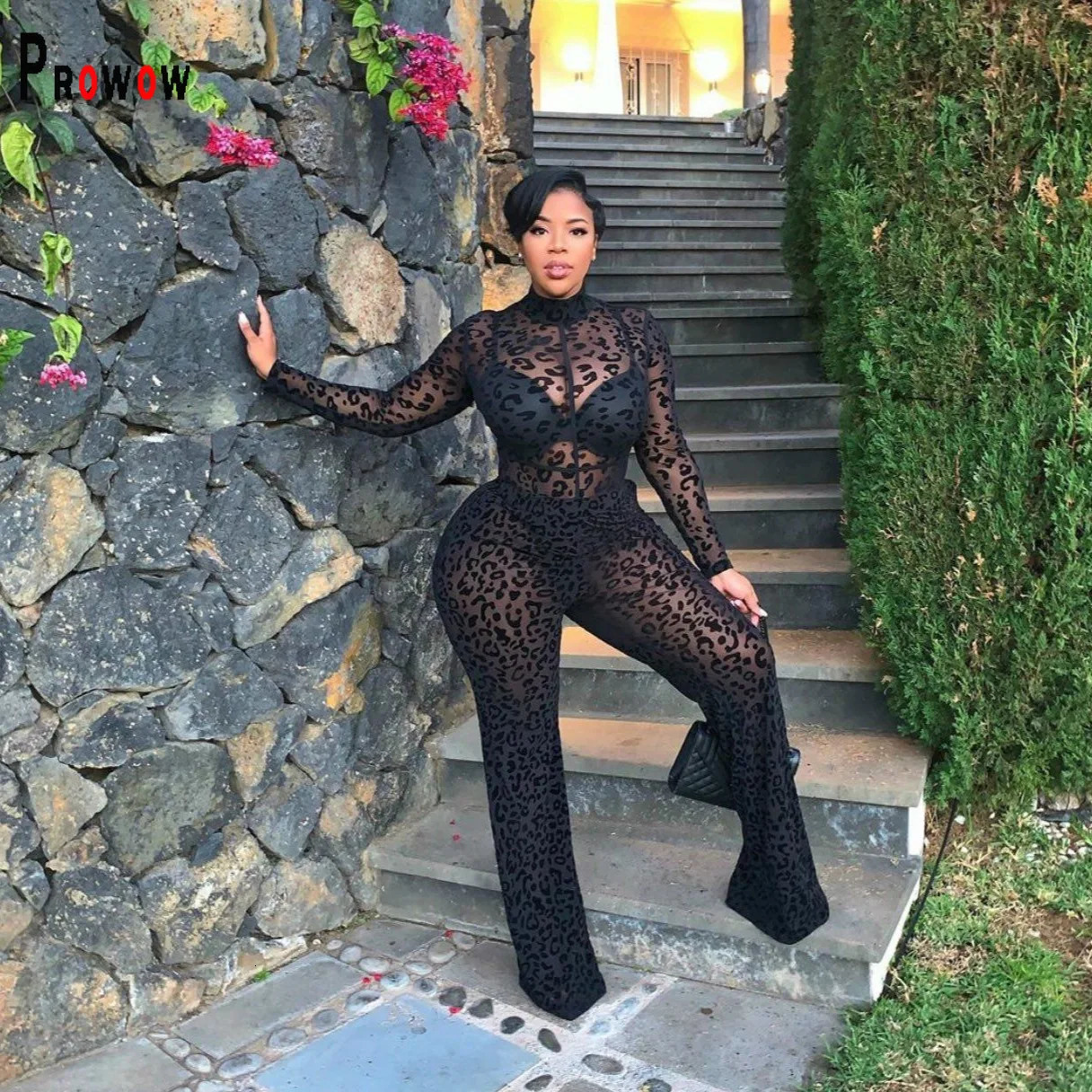 Prowow Sexy Sheer Mesh Womens Jumpsuits Black Long Sleeve Zipper Slim Fit Female Party Nightclub Wear One-piece Romper Clothing 250220