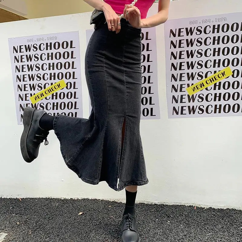 150 Short Denim skirt High waisted vintage midlength split hip wrap fishtail xs Autumn and winter dress to show height 250220