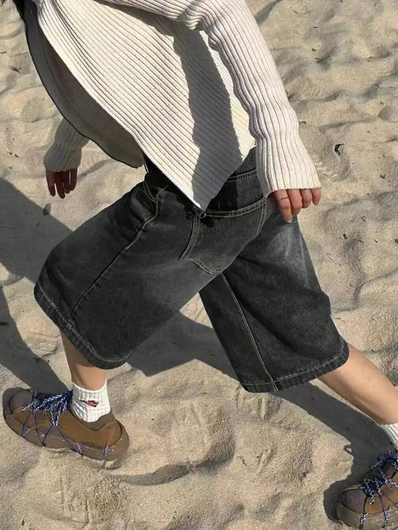 Y2K Street Vintage Washed Slant Pocket Cat Whiskered Trendy Style Wide Leg Bermuda Jeans Knee Length Denim Jorts Casual Shorts C 250219