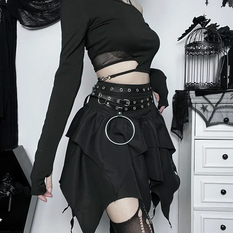 Gothic Punk Irregular Skirts Sexy Women Solid Color Drawstring TieUp Ruched Ruffles Mini Skirt Summer Fashion Short 250220